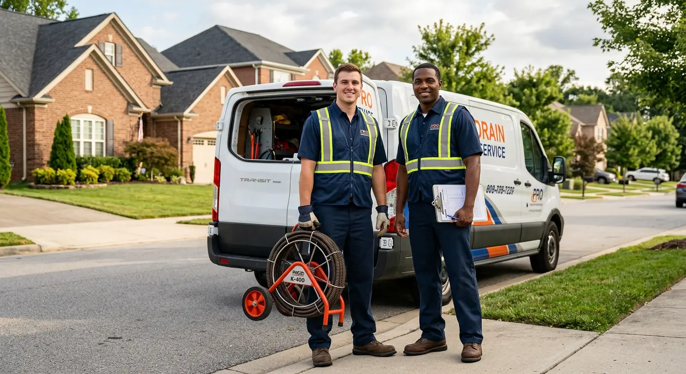 Sewer and drain service team with equipment ready for work in Jesup