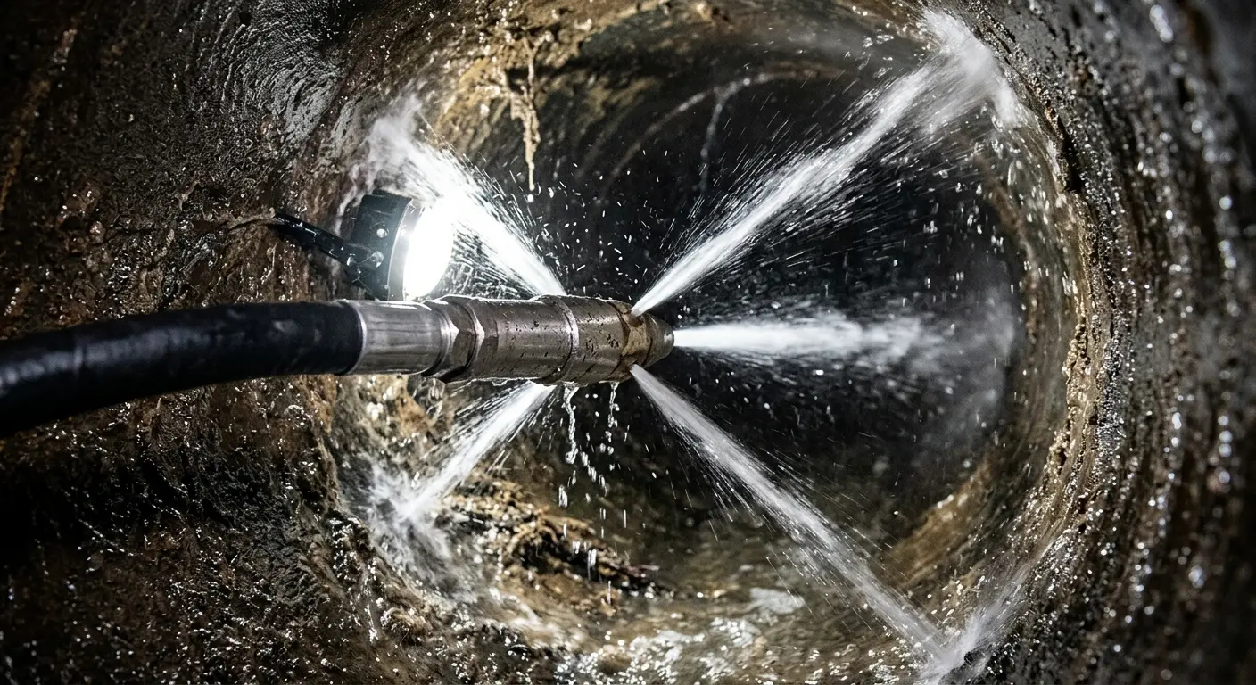 High-pressure hydro jetting nozzle cleaning sewer pipe for Emergency Drain Service in Jesup
