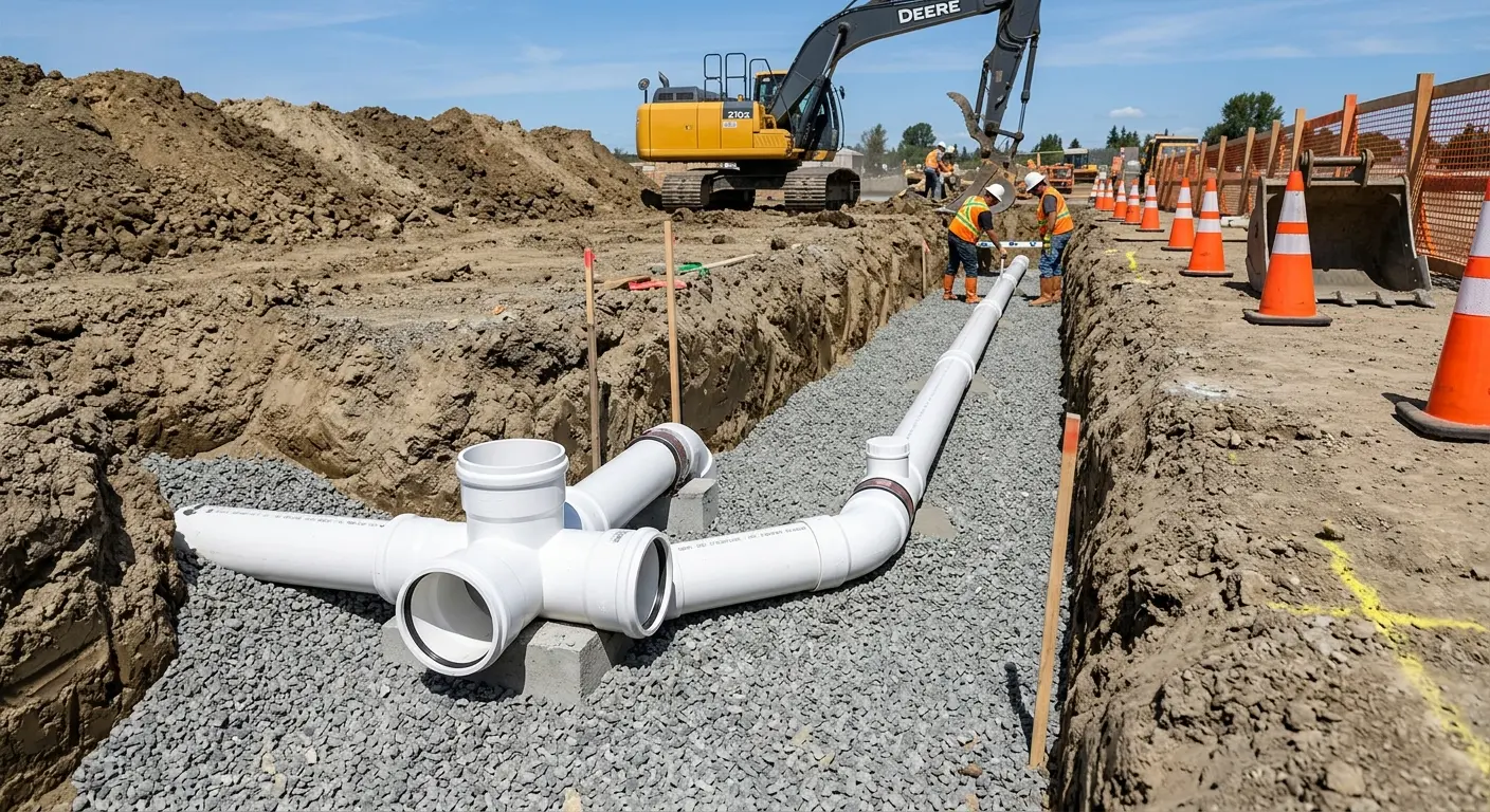New PVC sewer pipe installation in open trench for Sewer Backup in Jesup