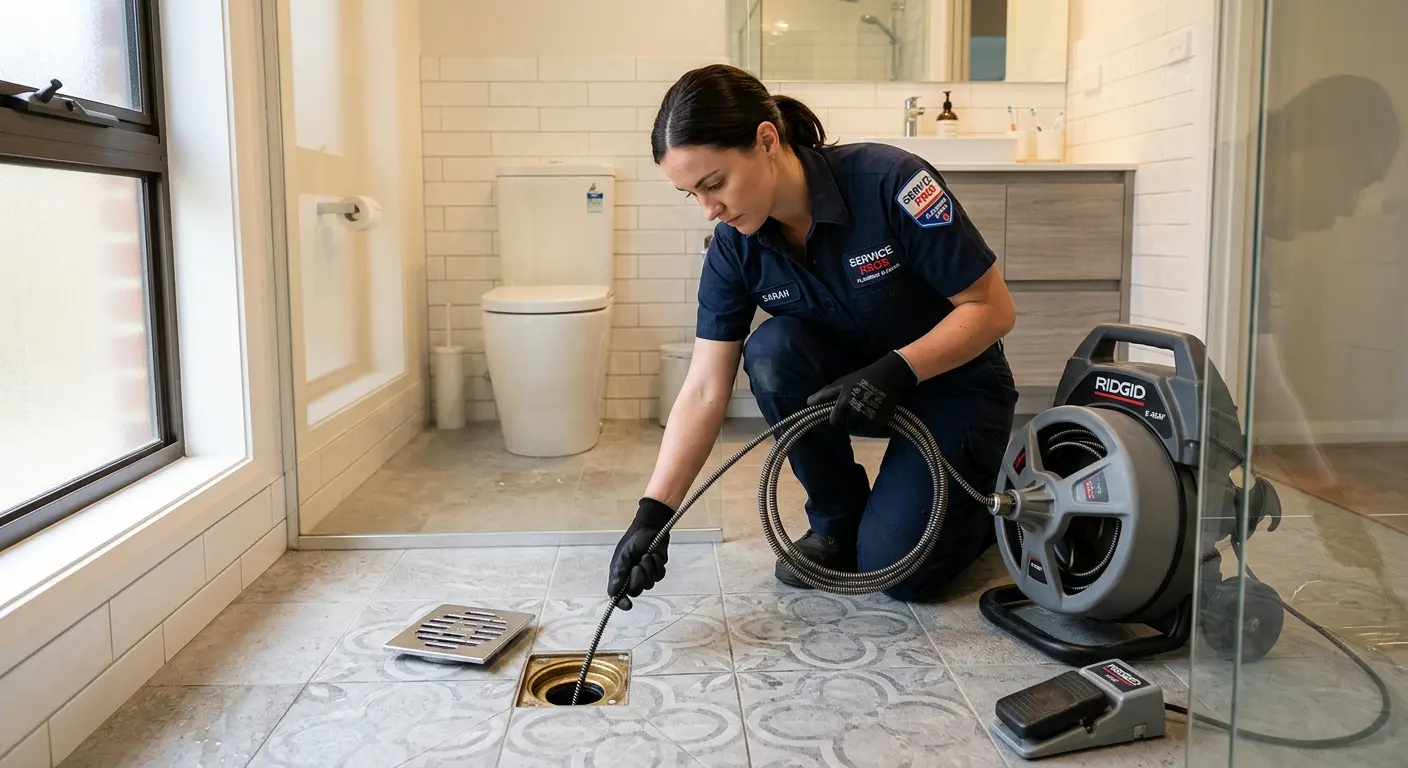 Technician clearing a bathroom floor drain for Drain Cleaning in Jesup